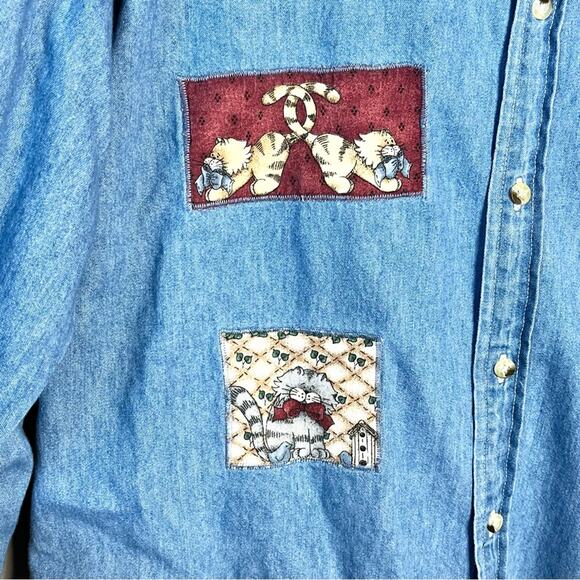 VINTAGE chambray down shirt with cat patches fits size XL crazy cat lady - Picture 3 of 10